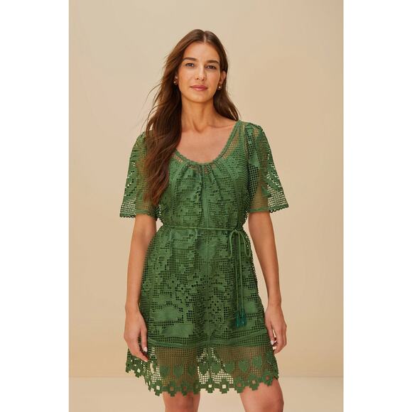 FARM Rio Pineapple Guipure Short Sleeves Mini Dress - M Green - Picture 1 of 4
